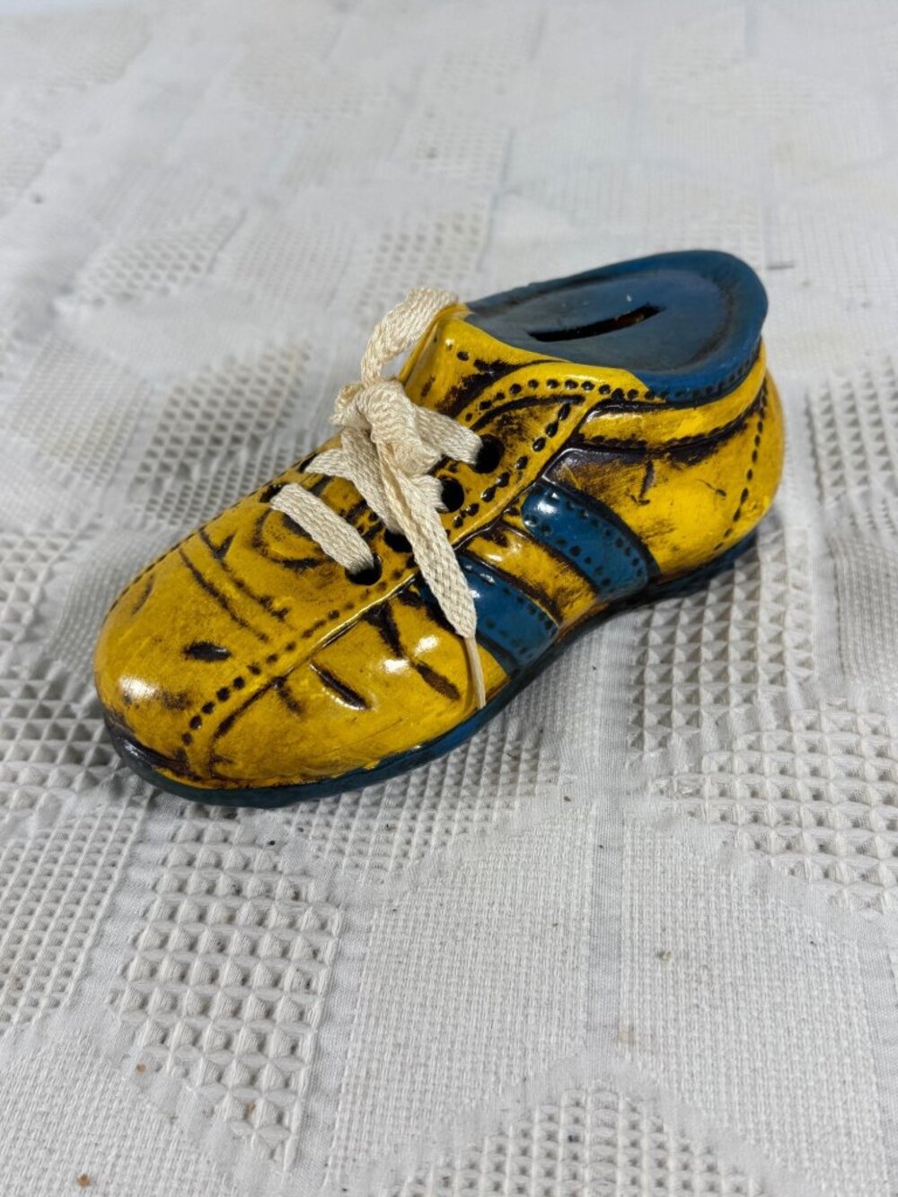 Vintage Enesco Ceramic Shoe Bank Yellow and Blue Hand Painted 1970s Retro